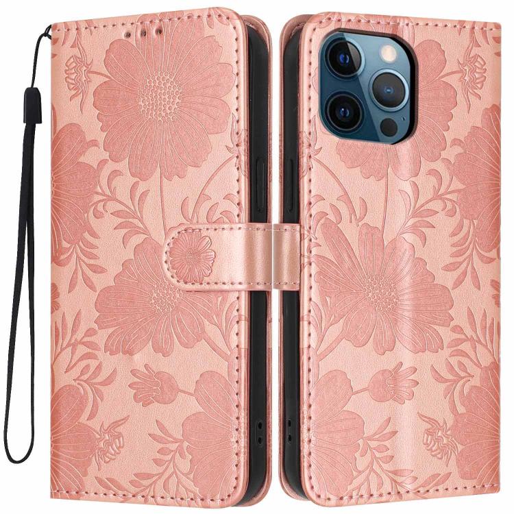 غطاء هاتف من الجلد النباتي بنقشة عباد الشمس مع حبل أسود صغير، لهواتف iPhone 14 Pro Max، iPhone 13 Pro Max، iPhone 13 Pro، iPhone 13، iPhone 12 / 12 Pro، iPhone 12 Pro Max، iPhone 11 Pro Max، iPhone 11