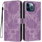 غطاء هاتف من الجلد النباتي بنقشة عباد الشمس مع حبل أسود صغير، لهواتف iPhone 14 Pro Max، iPhone 13 Pro Max، iPhone 13 Pro، iPhone 13، iPhone 12 / 12 Pro، iPhone 12 Pro Max، iPhone 11 Pro Max، iPhone 11
