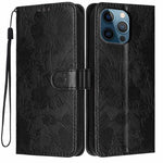 غطاء هاتف من الجلد النباتي بنقشة عباد الشمس مع حبل أسود صغير، لهواتف iPhone 14 Pro Max، iPhone 13 Pro Max، iPhone 13 Pro، iPhone 13، iPhone 12 / 12 Pro، iPhone 12 Pro Max، iPhone 11 Pro Max، iPhone 11