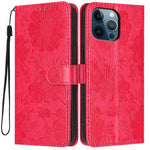غطاء هاتف من الجلد النباتي بنقشة عباد الشمس مع حبل أسود صغير، لهواتف iPhone 14 Pro Max، iPhone 13 Pro Max، iPhone 13 Pro، iPhone 13، iPhone 12 / 12 Pro، iPhone 12 Pro Max، iPhone 11 Pro Max، iPhone 11