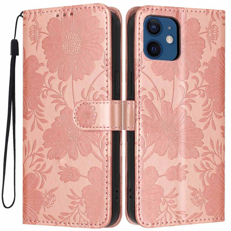 غطاء هاتف من الجلد النباتي بنقشة عباد الشمس مع حبل أسود صغير، لهواتف iPhone 14 Pro Max، iPhone 13 Pro Max، iPhone 13 Pro، iPhone 13، iPhone 12 / 12 Pro، iPhone 12 Pro Max، iPhone 11 Pro Max، iPhone 11