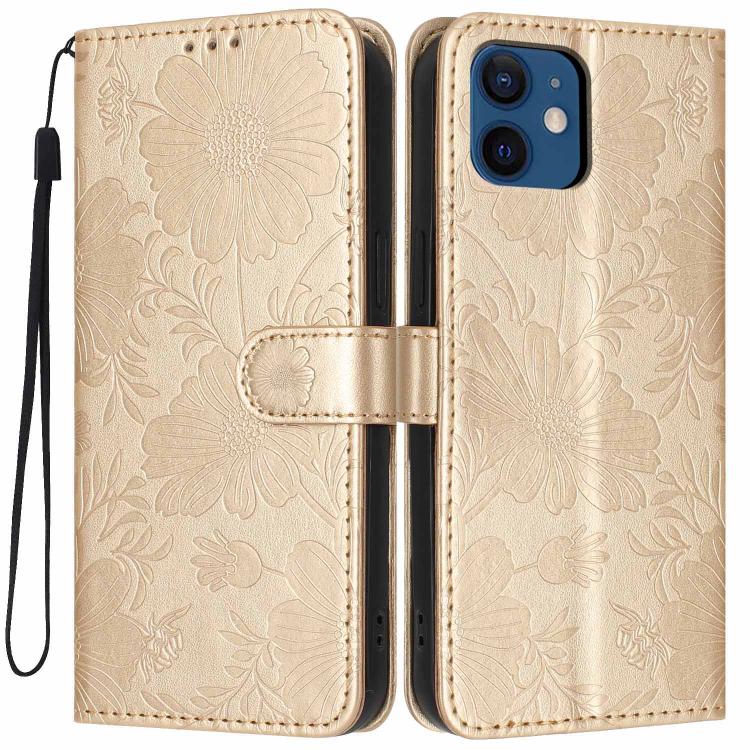 غطاء هاتف من الجلد النباتي بنقشة عباد الشمس مع حبل أسود صغير، لهواتف iPhone 14 Pro Max، iPhone 13 Pro Max، iPhone 13 Pro، iPhone 13، iPhone 12 / 12 Pro، iPhone 12 Pro Max، iPhone 11 Pro Max، iPhone 11