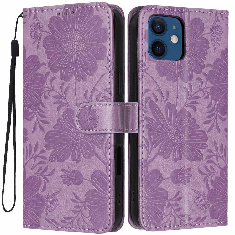 غطاء هاتف من الجلد النباتي بنقشة عباد الشمس مع حبل أسود صغير، لهواتف iPhone 14 Pro Max، iPhone 13 Pro Max، iPhone 13 Pro، iPhone 13، iPhone 12 / 12 Pro، iPhone 12 Pro Max، iPhone 11 Pro Max، iPhone 11