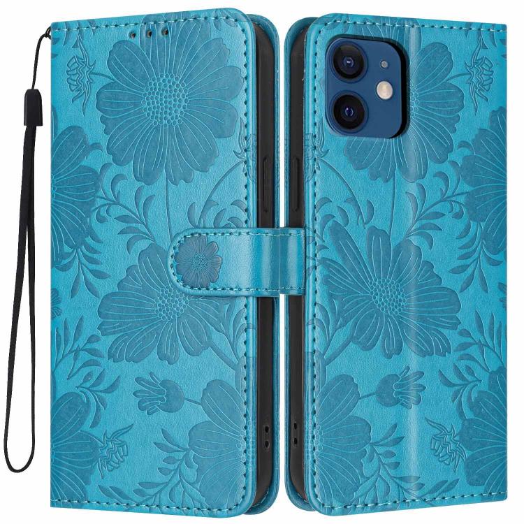 غطاء هاتف من الجلد النباتي بنقشة عباد الشمس مع حبل أسود صغير، لهواتف iPhone 14 Pro Max، iPhone 13 Pro Max، iPhone 13 Pro، iPhone 13، iPhone 12 / 12 Pro، iPhone 12 Pro Max، iPhone 11 Pro Max، iPhone 11