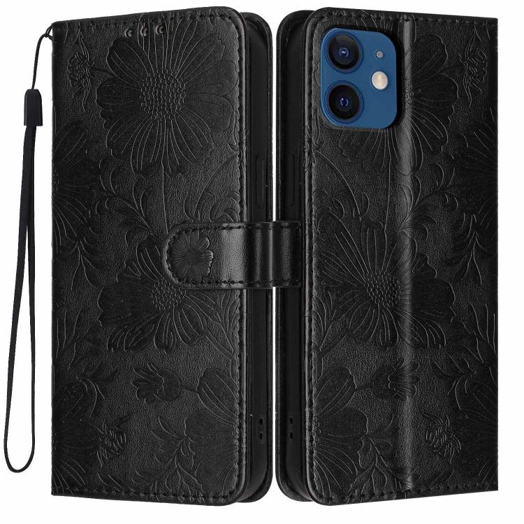 غطاء هاتف من الجلد النباتي بنقشة عباد الشمس مع حبل أسود صغير، لهواتف iPhone 14 Pro Max، iPhone 13 Pro Max، iPhone 13 Pro، iPhone 13، iPhone 12 / 12 Pro، iPhone 12 Pro Max، iPhone 11 Pro Max، iPhone 11