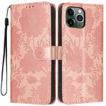 غطاء هاتف من الجلد النباتي بنقشة عباد الشمس مع حبل أسود صغير، لهواتف iPhone 14 Pro Max، iPhone 13 Pro Max، iPhone 13 Pro، iPhone 13، iPhone 12 / 12 Pro، iPhone 12 Pro Max، iPhone 11 Pro Max، iPhone 11
