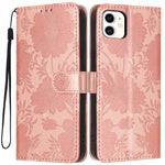 غطاء هاتف من الجلد النباتي بنقشة عباد الشمس مع حبل أسود صغير، لهواتف iPhone 14 Pro Max، iPhone 13 Pro Max، iPhone 13 Pro، iPhone 13، iPhone 12 / 12 Pro، iPhone 12 Pro Max، iPhone 11 Pro Max، iPhone 11