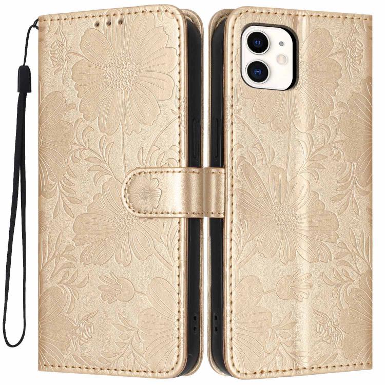 غطاء هاتف من الجلد النباتي بنقشة عباد الشمس مع حبل أسود صغير، لهواتف iPhone 14 Pro Max، iPhone 13 Pro Max، iPhone 13 Pro، iPhone 13، iPhone 12 / 12 Pro، iPhone 12 Pro Max، iPhone 11 Pro Max، iPhone 11