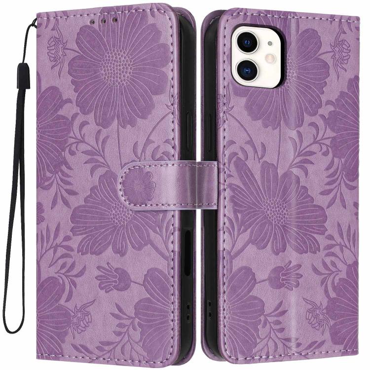 غطاء هاتف من الجلد النباتي بنقشة عباد الشمس مع حبل أسود صغير، لهواتف iPhone 14 Pro Max، iPhone 13 Pro Max، iPhone 13 Pro، iPhone 13، iPhone 12 / 12 Pro، iPhone 12 Pro Max، iPhone 11 Pro Max، iPhone 11