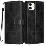 غطاء هاتف من الجلد النباتي بنقشة عباد الشمس مع حبل أسود صغير، لهواتف iPhone 14 Pro Max، iPhone 13 Pro Max، iPhone 13 Pro، iPhone 13، iPhone 12 / 12 Pro، iPhone 12 Pro Max، iPhone 11 Pro Max، iPhone 11