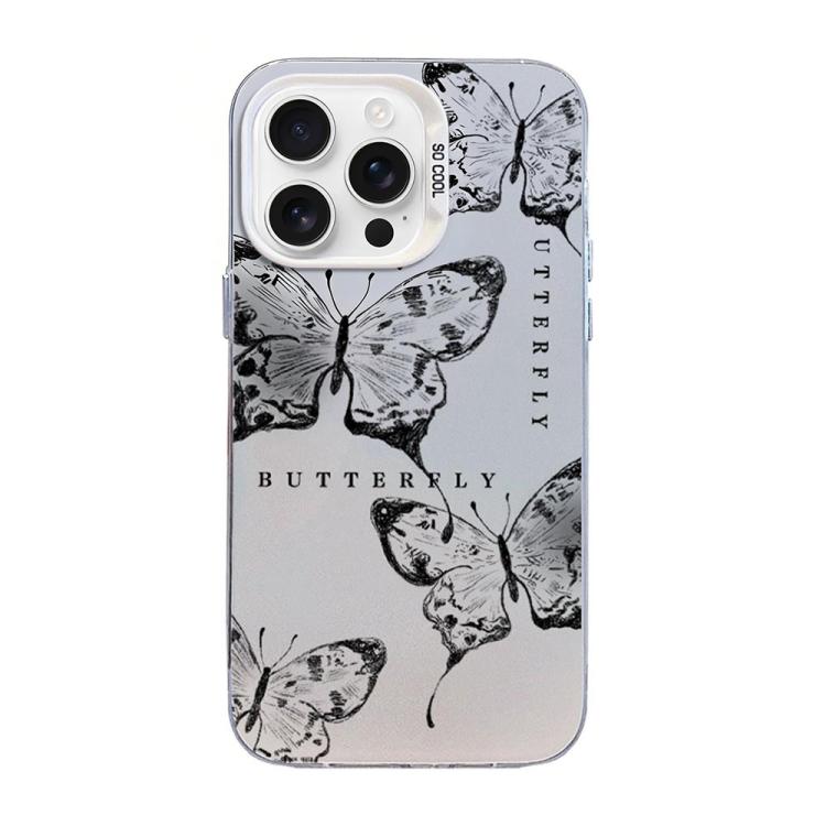 غطاء هاتف هجين من PC وTPU مطلي بالفضة بنقشة فراشة، لهواتف iPhone 16 Pro، iPhone 16 Plus، iPhone 16، iPhone 15 Pro Max، iPhone 15 Pro، iPhone 15 Plus
