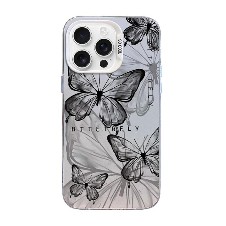 غطاء هاتف هجين من PC وTPU مطلي بالفضة بنقشة فراشة، لهواتف iPhone 16 Pro، iPhone 16 Plus، iPhone 16، iPhone 15 Pro Max، iPhone 15 Pro، iPhone 15 Plus
