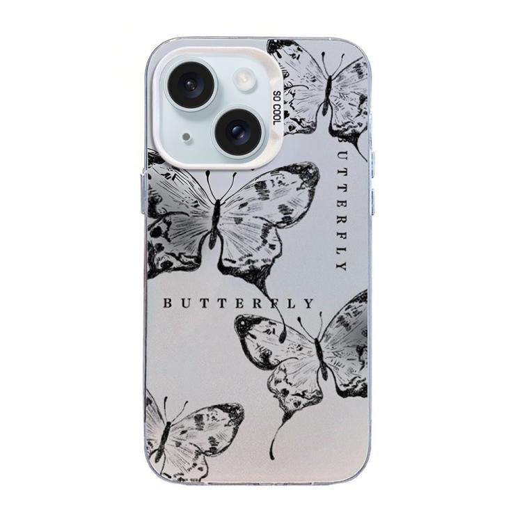 غطاء هاتف هجين من PC وTPU مطلي بالفضة بنقشة فراشة، لهواتف iPhone 15، iPhone 14 Plus، iPhone 14، iPhone 14 Pro، iPhone 14 Pro Max، iPhone SE 2022 / SE 2020