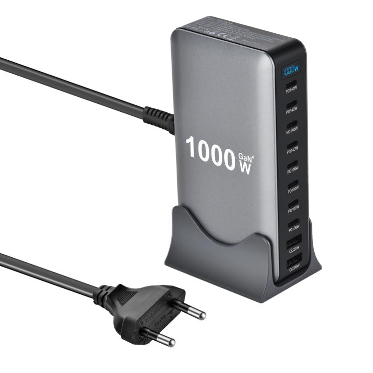 شاحن متعدد الوظائف YMX-1000W بقوة 1000 واط مع 8 منافذ Type-C و2 منفذ USB و10 منافذ عرض رقمي، قابس AU، قابس EU، قابس UK، قابس US