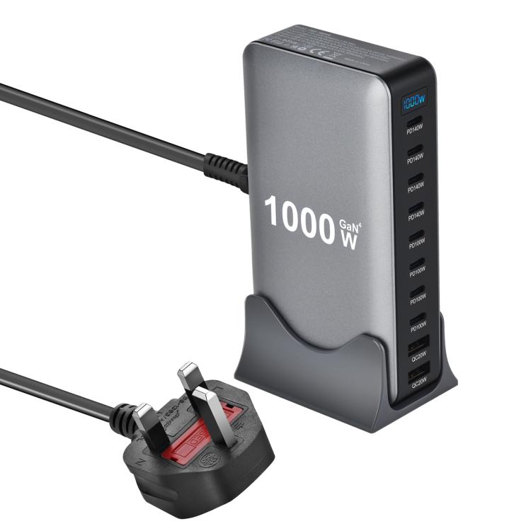 شاحن متعدد الوظائف YMX-1000W بقوة 1000 واط مع 8 منافذ Type-C و2 منفذ USB و10 منافذ عرض رقمي، قابس AU، قابس EU، قابس UK، قابس US