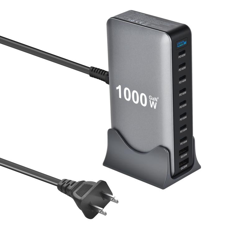 شاحن متعدد الوظائف YMX-1000W بقوة 1000 واط مع 8 منافذ Type-C و2 منفذ USB و10 منافذ عرض رقمي، قابس AU، قابس EU، قابس UK، قابس US