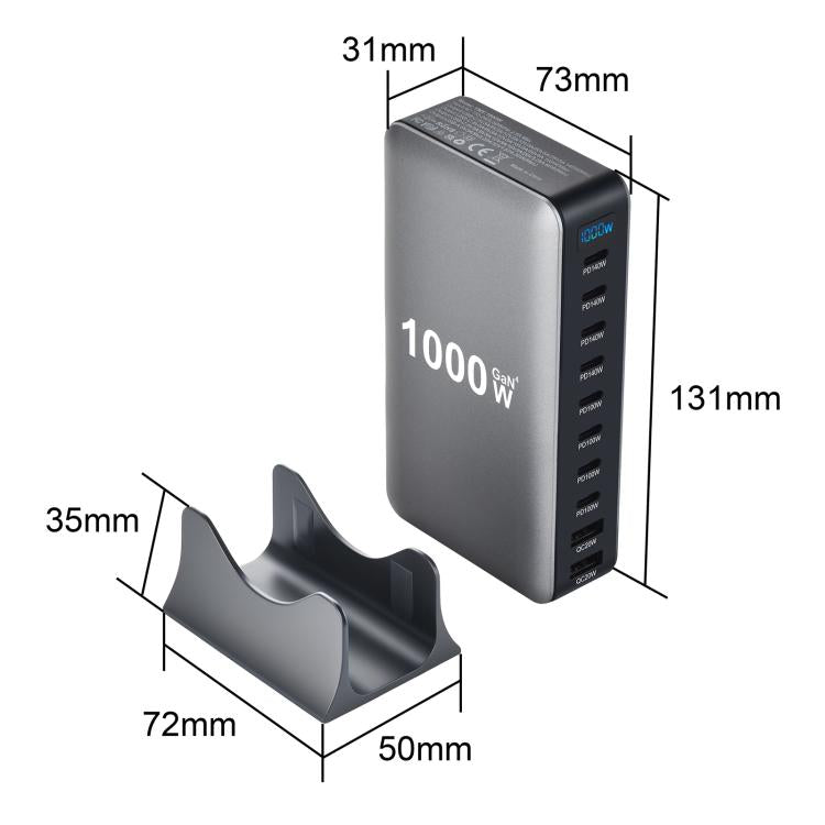 شاحن متعدد الوظائف YMX-1000W بقوة 1000 واط مع 8 منافذ Type-C و2 منفذ USB و10 منافذ عرض رقمي، قابس AU، قابس EU، قابس UK، قابس US