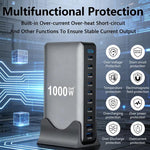 شاحن متعدد الوظائف YMX-1000W بقوة 1000 واط مع 8 منافذ Type-C و2 منفذ USB و10 منافذ عرض رقمي، قابس AU، قابس EU، قابس UK، قابس US