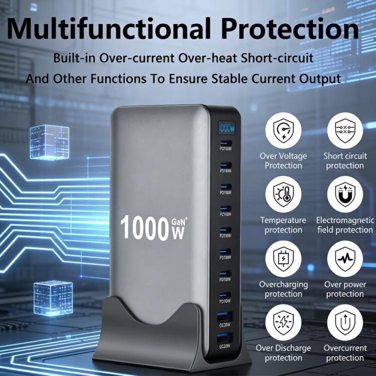 شاحن متعدد الوظائف YMX-1000W بقوة 1000 واط مع 8 منافذ Type-C و2 منفذ USB و10 منافذ عرض رقمي، قابس AU، قابس EU، قابس UK، قابس US