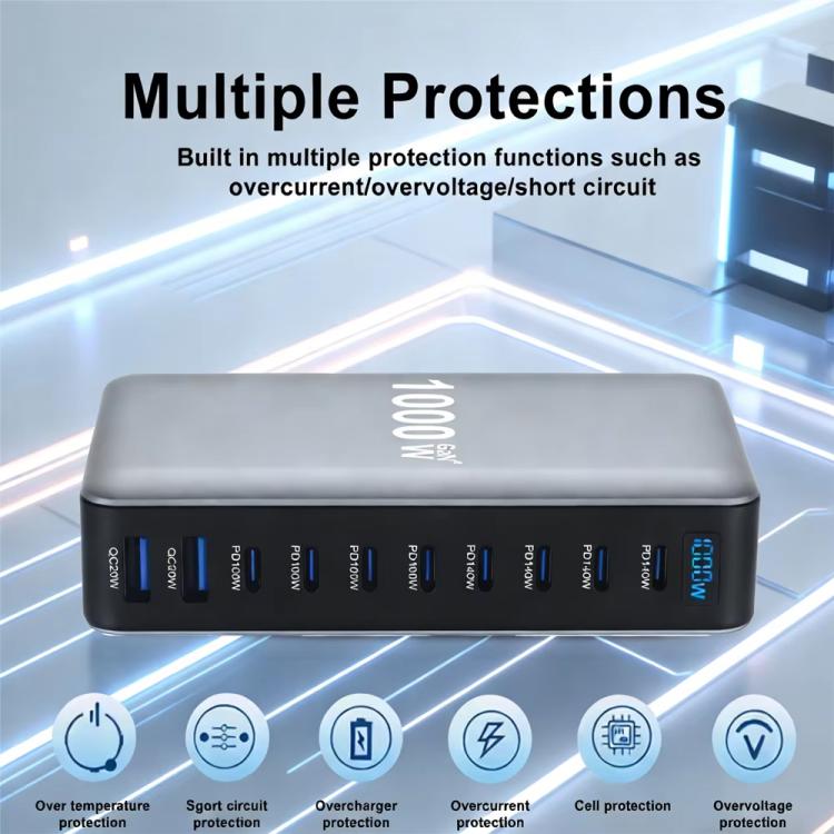 شاحن متعدد الوظائف YMX-1000W بقوة 1000 واط مع 8 منافذ Type-C و2 منفذ USB و10 منافذ عرض رقمي، قابس AU، قابس EU، قابس UK، قابس US