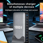 شاحن متعدد الوظائف YMX-1000W بقوة 1000 واط مع 8 منافذ Type-C و2 منفذ USB و10 منافذ عرض رقمي، قابس AU، قابس EU، قابس UK، قابس US