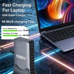 شاحن متعدد الوظائف YMX-1000W بقوة 1000 واط مع 8 منافذ Type-C و2 منفذ USB و10 منافذ عرض رقمي، قابس AU، قابس EU، قابس UK، قابس US