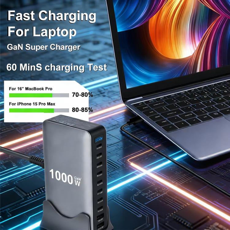شاحن متعدد الوظائف YMX-1000W بقوة 1000 واط مع 8 منافذ Type-C و2 منفذ USB و10 منافذ عرض رقمي، قابس AU، قابس EU، قابس UK، قابس US