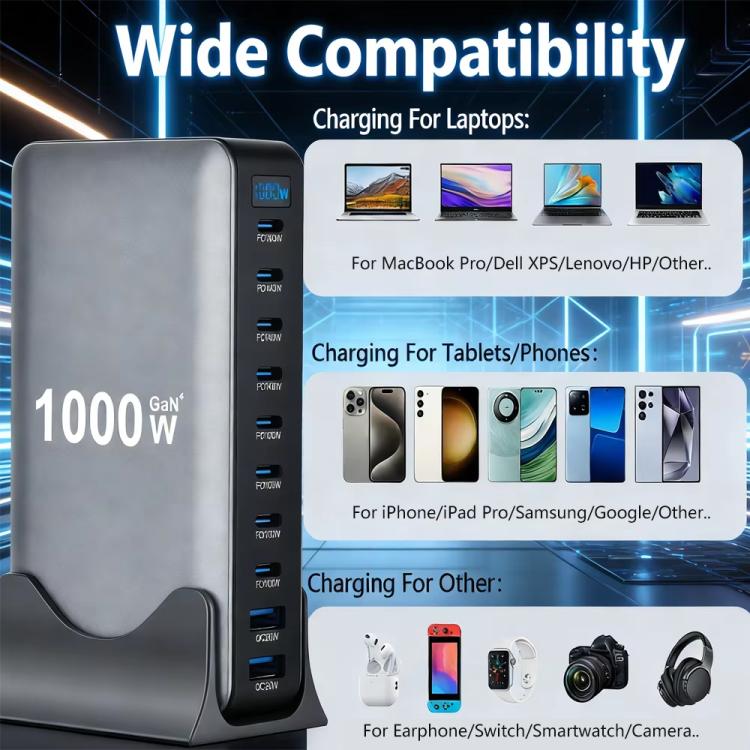 شاحن متعدد الوظائف YMX-1000W بقوة 1000 واط مع 8 منافذ Type-C و2 منفذ USB و10 منافذ عرض رقمي، قابس AU، قابس EU، قابس UK، قابس US
