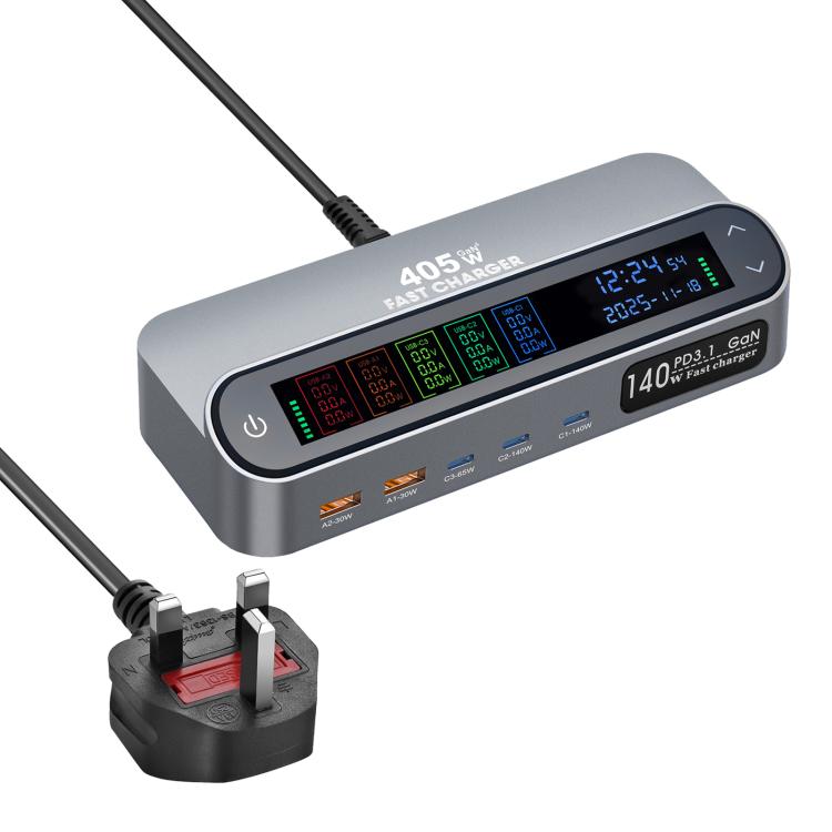 شاحن متعدد الوظائف YMX-LCD405W بقوة 405 واط مع 3 منافذ Type-C و2 منفذ USB GaN مع عرض رقمي ذكي، قابس AU، قابس EU، قابس UK، قابس US