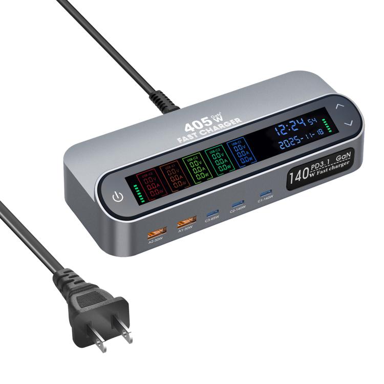 شاحن متعدد الوظائف YMX-LCD405W بقوة 405 واط مع 3 منافذ Type-C و2 منفذ USB GaN مع عرض رقمي ذكي، قابس AU، قابس EU، قابس UK، قابس US