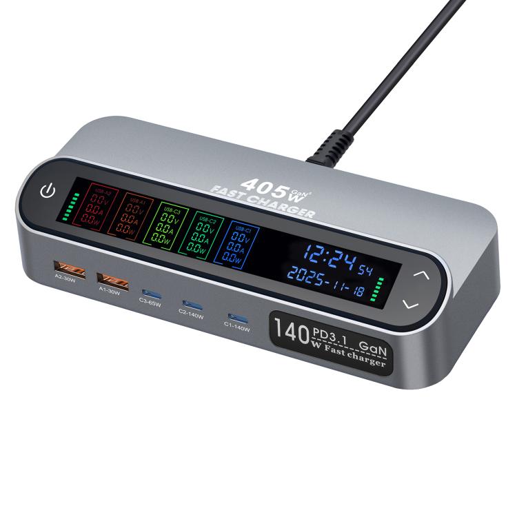 شاحن متعدد الوظائف YMX-LCD405W بقوة 405 واط مع 3 منافذ Type-C و2 منفذ USB GaN مع عرض رقمي ذكي، قابس AU، قابس EU، قابس UK، قابس US