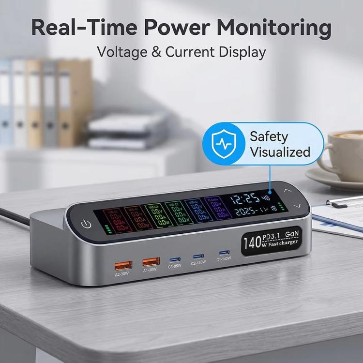 شاحن متعدد الوظائف YMX-LCD405W بقوة 405 واط مع 3 منافذ Type-C و2 منفذ USB GaN مع عرض رقمي ذكي، قابس AU، قابس EU، قابس UK، قابس US