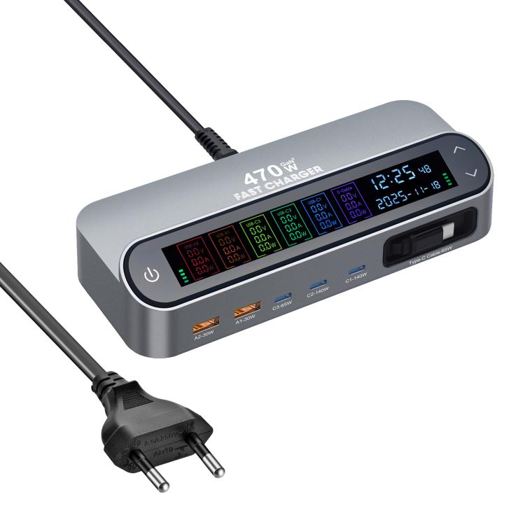 شاحن متعدد الوظائف YMX-LCD470W بقوة 470 واط مع 3 منافذ Type-C و2 منفذ USB GaN مع عرض رقمي ذكي وكابل Type-C قابل للسحب، قابس AU، قابس EU، قابس UK، قابس US
