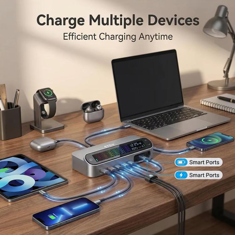 شاحن متعدد الوظائف YMX-LCD470W بقوة 470 واط مع 3 منافذ Type-C و2 منفذ USB GaN مع عرض رقمي ذكي وكابل Type-C قابل للسحب، قابس AU، قابس EU، قابس UK، قابس US