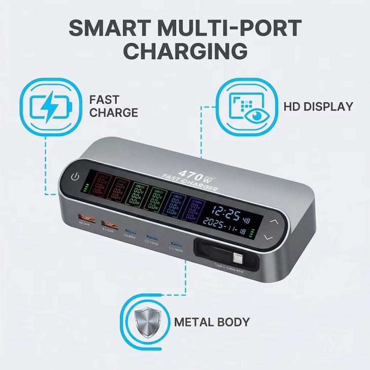 شاحن متعدد الوظائف YMX-LCD470W بقوة 470 واط مع 3 منافذ Type-C و2 منفذ USB GaN مع عرض رقمي ذكي وكابل Type-C قابل للسحب، قابس AU، قابس EU، قابس UK، قابس US