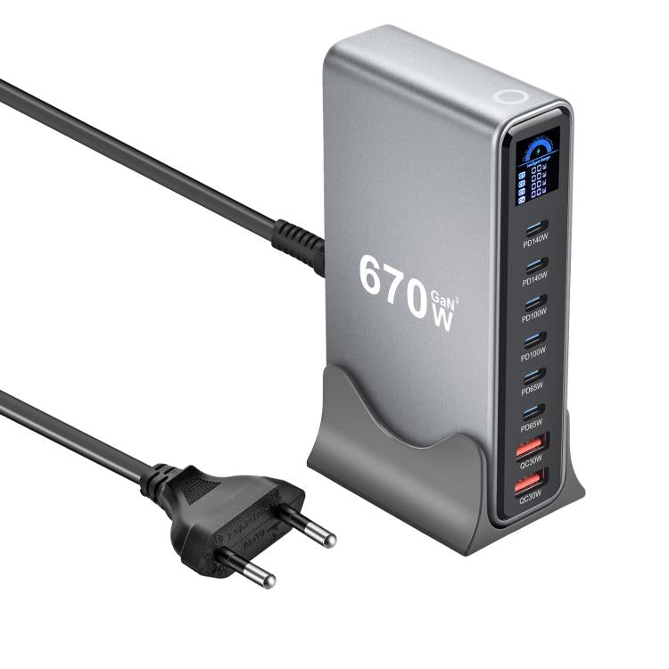 شاحن متعدد الوظائف YMX-LCD670W بقوة 670 واط مع 6 منافذ Type-C و2 منفذ USB GaN مع عرض رقمي، قابس AU، قابس EU، قابس UK، قابس US