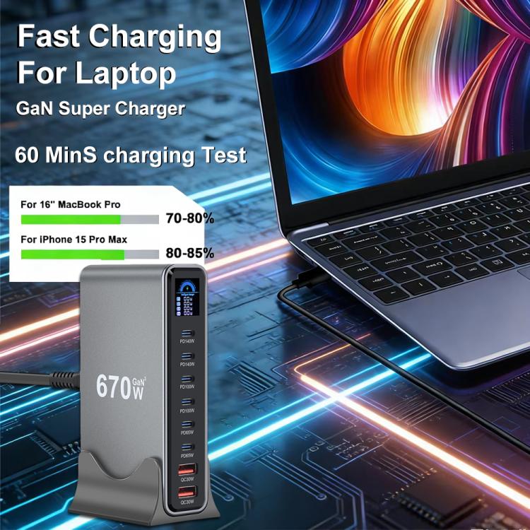 شاحن متعدد الوظائف YMX-LCD670W بقوة 670 واط مع 6 منافذ Type-C و2 منفذ USB GaN مع عرض رقمي، قابس AU، قابس EU، قابس UK، قابس US