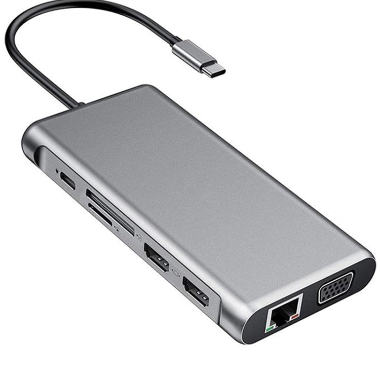 محطة إرساء 12 في 1 مع HDMI ×2 + USB3.0 + USB2.0 + شحن PD + VGA + RJ45 + جاك 3.5 مم + TF/SD ×2، Type-C / USB-C