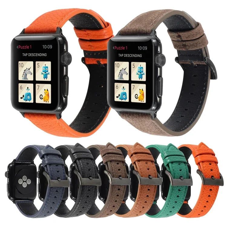 سوار ساعة من جلد طبيعي بنقشة الليتشي لسلسلة Apple Watch 6 & SE & 5 & 4 بمقاس 40مم / 3 & 2 & 1 بمقاس 38مم، لسلسلة Apple Watch 7 بمقاس 41مم / 6 & SE & 5 & 4 بمقاس 40مم / 3 & 2 & 1 بمقاس 38مم