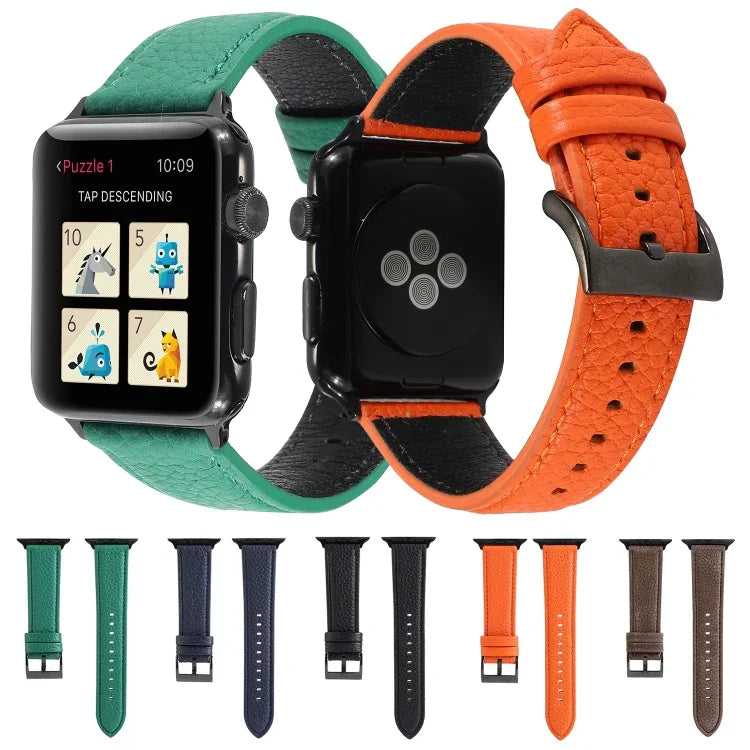 سوار ساعة من جلد طبيعي بنقشة الليتشي لسلسلة Apple Watch 6 & SE & 5 & 4 بمقاس 44مم / 3 & 2 & 1 بمقاس 42مم، لسلسلة Apple Watch 7 بمقاس 45مم / 6 & SE & 5 & 4 بمقاس 44مم / 3 & 2 & 1 بمقاس 42مم
