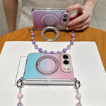Gradient Side Buckle Hinge Rotating Holder Magnetic Phone Case with Beaded Strap, For iPhone Duo