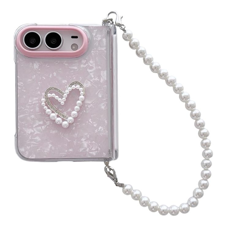 Side Buckle Shell Pattern Heart Phone Case with Beaded Strap, For iPhone Duo