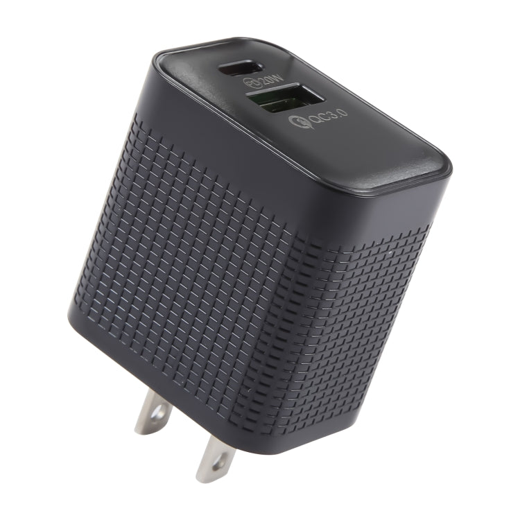 شاحن سفر بنمط مربعات PD 20 واط USB-C/Type-C + منافذ USB QC 3.0، قابس أمريكي، قابس أمريكي (أسود)