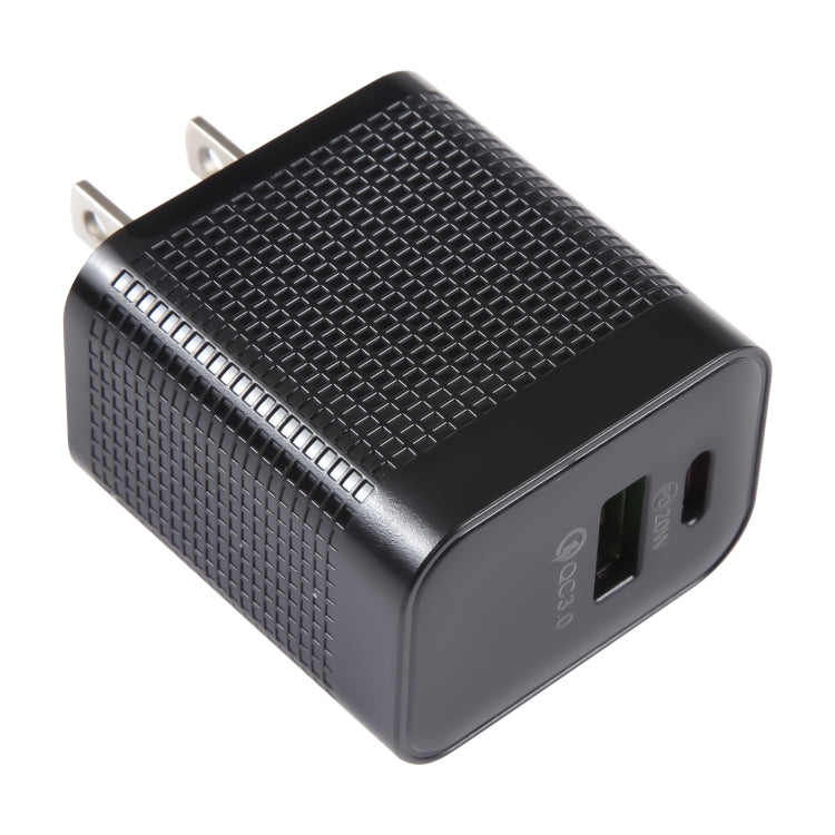 شاحن سفر بنمط مربعات PD 20 واط USB-C/Type-C + منافذ USB QC 3.0، قابس أمريكي، قابس أمريكي (أسود)