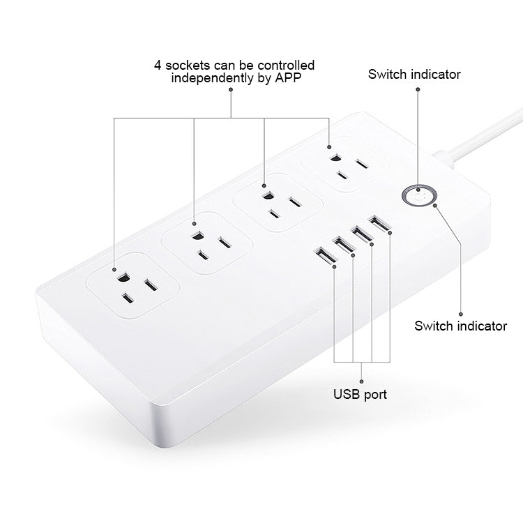 مقبس طاقة ذكي مع تحكم عن بعد عبر الواي فاي، 4 منافذ USB + 4 مقابس US، يعمل مع Alexa وGoogle Home، AC 110-240V، قابس US، 4xUSB + 4xUS Plug(قابس US)
