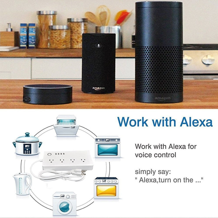 مقبس طاقة ذكي مع تحكم عن بعد عبر الواي فاي، 4 منافذ USB + 4 مقابس US، يعمل مع Alexa وGoogle Home، AC 110-240V، قابس US، 4xUSB + 4xUS Plug(قابس US)