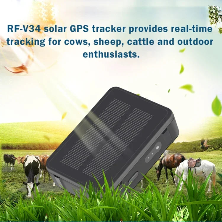 RF-V34 تعقب الماشية والأغنام والأبقار مقاوم للماء IP67 بالطاقة الشمسية مع تتبع GPS وGSM وWiFi بدون لوحة سفلية ثابتة، يدعم مراقبة الصوت وإنذار إزالة الجهاز وSOS، تتبع GPS وWiFi