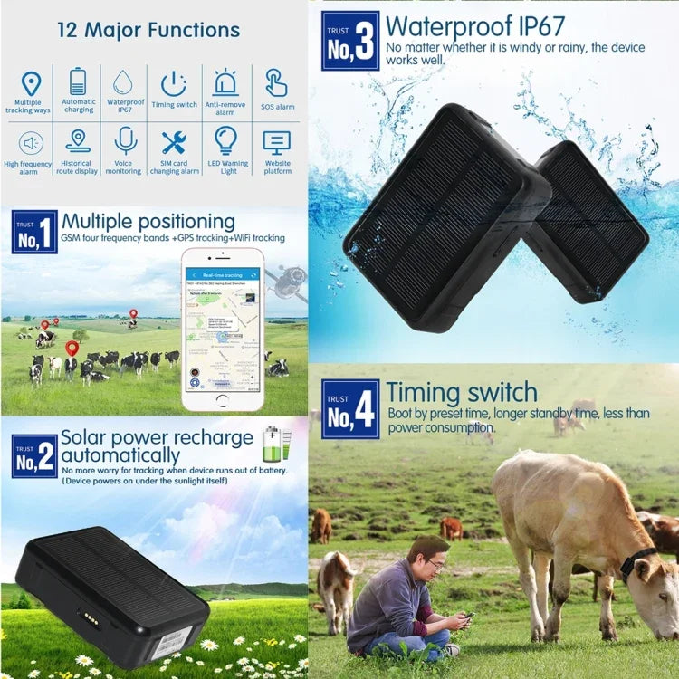 RF-V34 تعقب الماشية والأغنام والأبقار مقاوم للماء IP67 بالطاقة الشمسية مع تتبع GPS وGSM وWiFi بدون لوحة سفلية ثابتة، يدعم مراقبة الصوت وإنذار إزالة الجهاز وSOS، تتبع GPS وWiFi