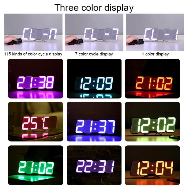 ساعة منبه رقمية جدارية LED ثلاثية الأبعاد حديثة ملونة مع تحكم صوتي وضبط السطوع، ساعة معلقة مضيئة مع جهاز تحكم عن بعد، 9001 أسود، 9001 أبيض