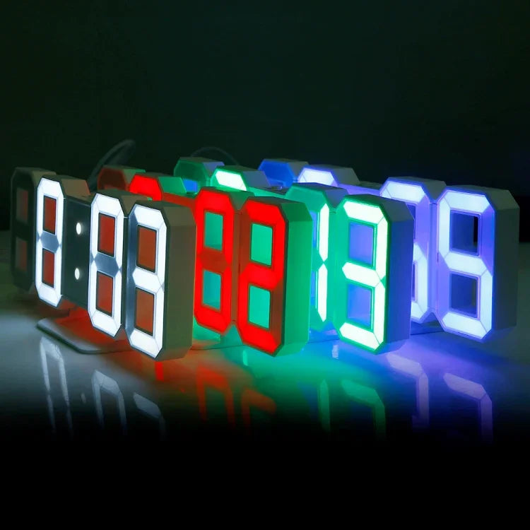 ساعة منبه رقمية جدارية LED ثلاثية الأبعاد متعددة الوظائف مع وظيفة الغفوة، عرض 12/24 ساعة للمنزل والمطبخ والمكتب، DC 5V، معتمدة CE، جسم أبيض وحروف خضراء، جسم أبيض وحروف زرقاء، جسم أبيض وحروف حمراء
